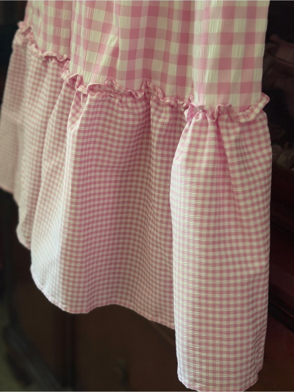 Pink Gingham Girls cottage core Maxi dress with ruffle - Picture 7 of 8